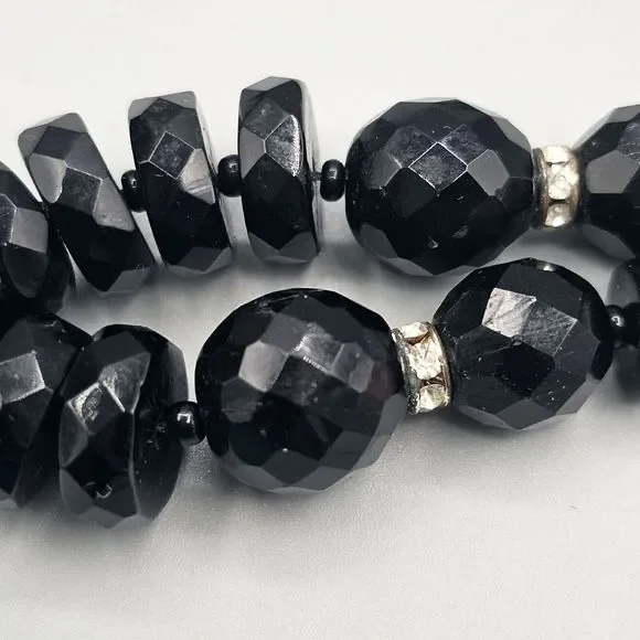 Black Glass Bead Necklace Facet Cut Rhinestone Rondelle Lobster Clasp 24" - Picture 6 of 10